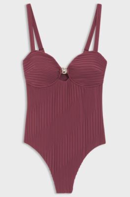 Pleated-fabric swimsuit with metallic Double B monogram, Dark Red