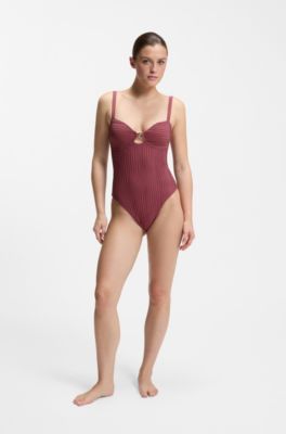 Pleated-fabric swimsuit with metallic Double B monogram, Dark Red