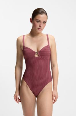 Pleated-fabric swimsuit with metallic Double B monogram, Dark Red