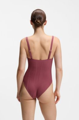 Pleated-fabric swimsuit with metallic Double B monogram, Dark Red