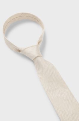 Checked tie in Italian-made linen and silk, Beige