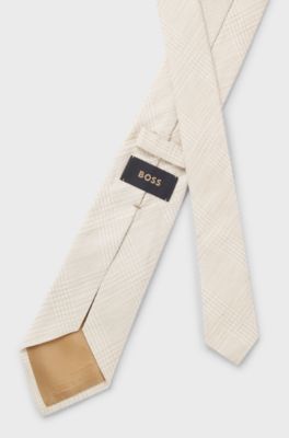 Checked tie in Italian-made linen and silk, Beige