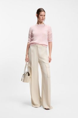 Cotton-blend sweater with open-knit sleeves, light pink