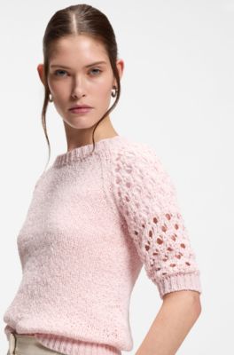 Maglione in misto cotone con maniche traforate, Rosa chiaro