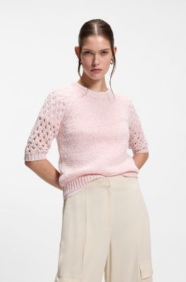 Cotton-blend sweater with open-knit sleeves, light pink