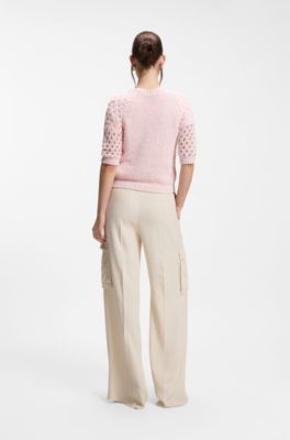Cotton-blend sweater with open-knit sleeves, light pink