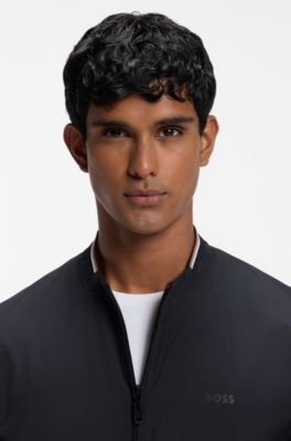 Zipped jacket in water-repellent fabric with logo details, Dark Blue