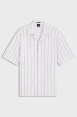 Relaxed-fit shirt in striped stretch cotton, Beige Patterned