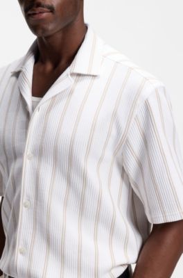 Relaxed-fit shirt in striped stretch cotton, Beige Patterned