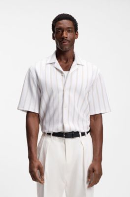 Relaxed-fit overhemd van gestreept stretchkatoen, Beige strepen