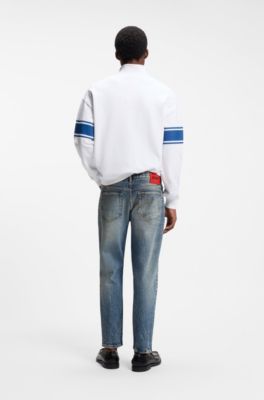 Tapered-fit jeans in blue stretch denim, Blue
