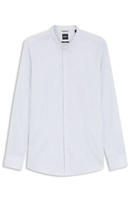 Slim-fit shirt in herringbone-stripe cotton, Light Blue stripes