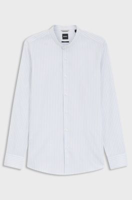 Slim-fit shirt in herringbone-stripe cotton, Light Blue stripes