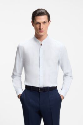 Slim-fit shirt in herringbone-stripe cotton, Light Blue stripes