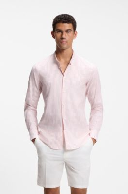 Slim-fit shirt in herringbone-stripe cotton, light pink