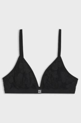 Floral-lace triangle bra with removable padding, Black