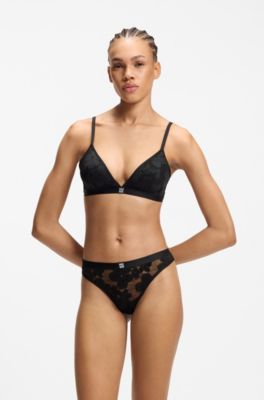 Floral-lace triangle bra with removable padding, Black