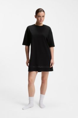 Robe de nuit en coton stretch avec empi&egrave;cement en mesh, Noir
