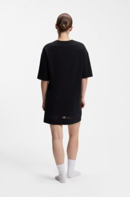 Stretch-cotton night dress with mesh insert, Black