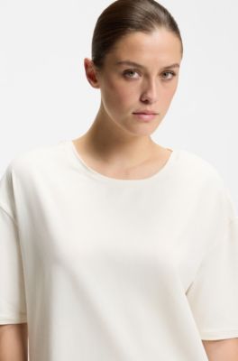 Stretch-cotton night dress with mesh insert, Natural