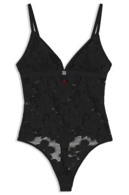 Floral-lace bodysuit with stacked logo, Black