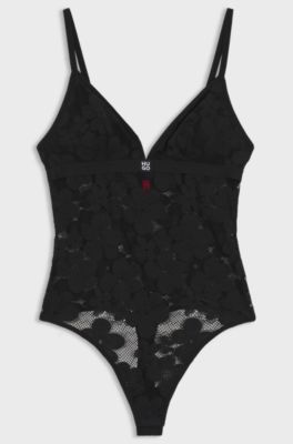 Floral-lace bodysuit with stacked logo, Black