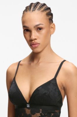 Body in pizzo floreale con logo impilato, Nero