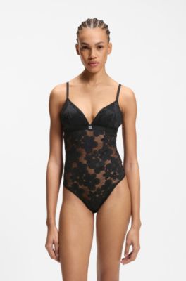Floral-lace bodysuit with stacked logo, Black