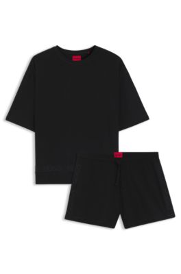 Stretch-cotton pyjamas with mesh logo inserts, Black
