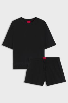Stretch-cotton pyjamas with mesh logo inserts, Black