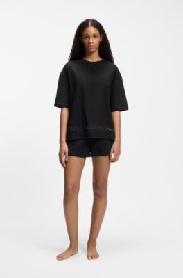 Stretch-cotton pyjamas with mesh logo inserts, Black