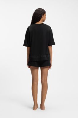 Stretch-cotton pyjamas with mesh logo inserts, Black