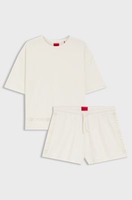 Stretch-cotton pyjamas with mesh logo inserts, Natural