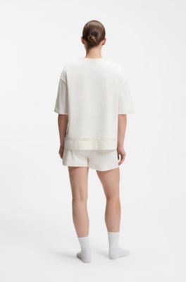 Stretch-cotton pyjamas with mesh logo inserts, Natural