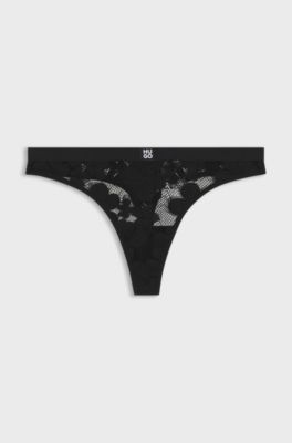 Floral-lace thong with stacked-logo detail, Black