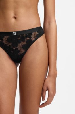 Floral-lace thong with stacked-logo detail, Black