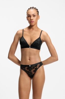 Floral-lace thong with stacked-logo detail, Black