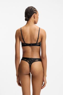 Floral-lace thong with stacked-logo detail, Black