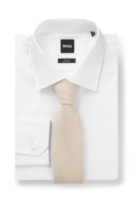 Jacquard-structured tie in linen and silk, Light Beige