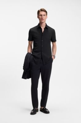Camisa slim fit en punto t&eacute;cnico el&aacute;stico, Negro