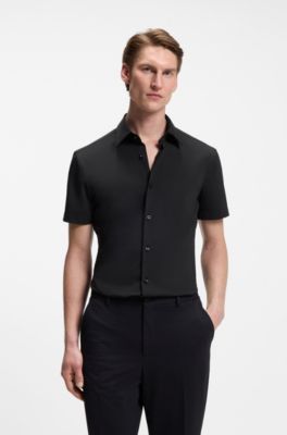 Camisa slim fit en punto t&eacute;cnico el&aacute;stico, Negro