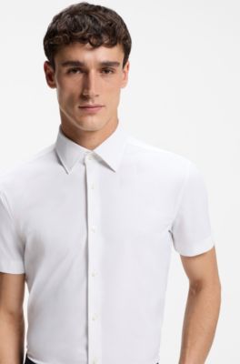 Camisa slim fit en punto t&eacute;cnico el&aacute;stico, Blanco