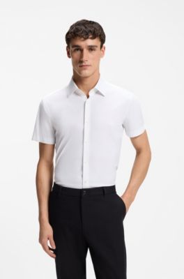 Camisa slim fit en punto t&eacute;cnico el&aacute;stico, Blanco