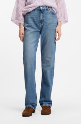 High-waisted straight-fit jeans in mid-blue denim, Blue