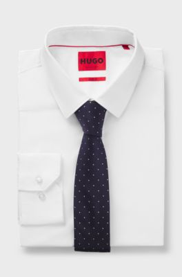 Italian-made tie in silk with jacquard-woven dots, Blue Patterned