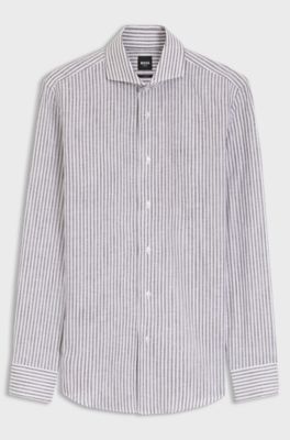 Slim-fit shirt in striped linen and cotton, Dark Brown