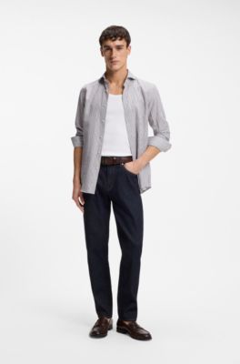 Slim-fit shirt in striped linen and cotton, Dark Brown