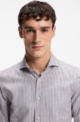 Slim-fit shirt in striped linen and cotton, Dark Brown