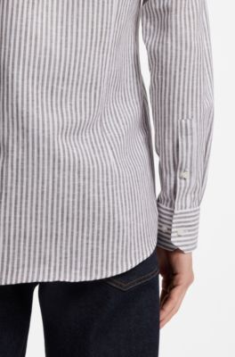 Slim-fit shirt in striped linen and cotton, Dark Brown