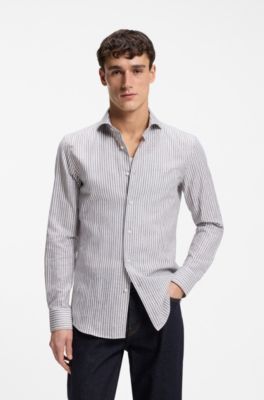 Slim-fit shirt in striped linen and cotton, Dark Brown